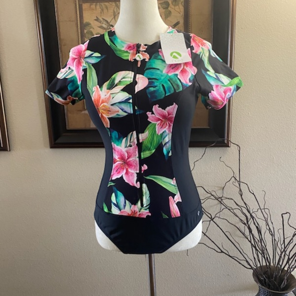 Next One Piece Shirt Sleeve Zip Swimsuit - Picture 1 of 3